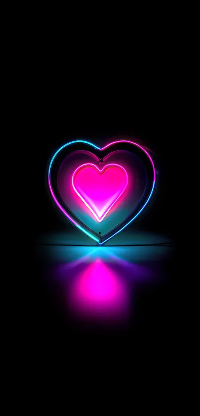 Neon heart glowing on a dark background with vibrant blue and pink.