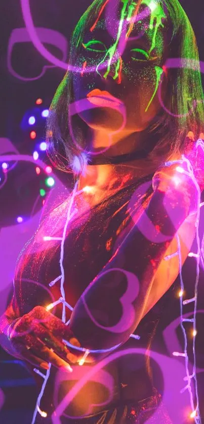 Neon glowing figure with hearts in vibrant colors.