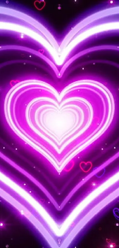 Vibrant neon heart wallpaper with glowing purple and pink layers on a dark background.