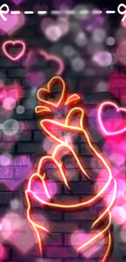 Neon hand gesture with heart shapes wallpaper.