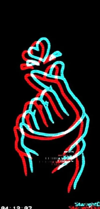 Neon heart and hand design on black background