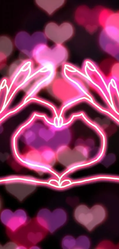 Neon hand heart shape on black background.