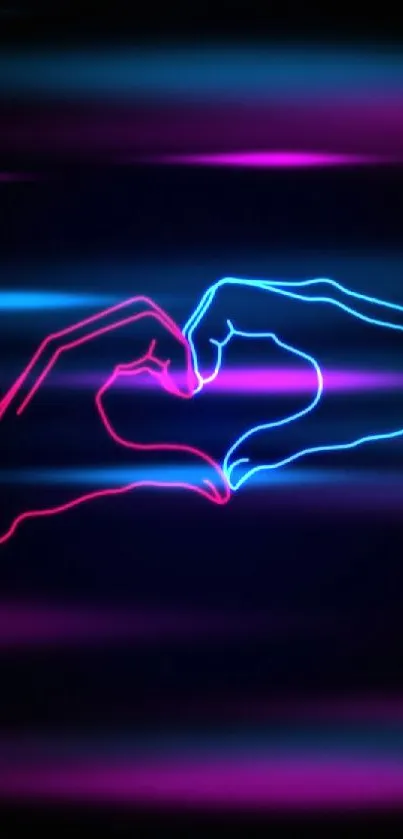 Neon heart hands with pink and blue outlines on black background.