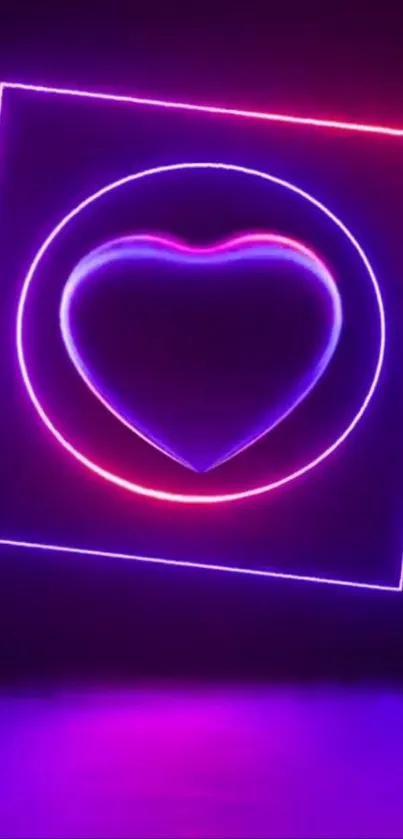 Neon heart with glowing purple frame on dark background.