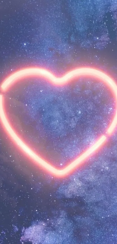 Neon heart glowing in a starry night sky background.