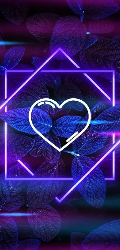 Neon geometric heart design on purple leaves background.