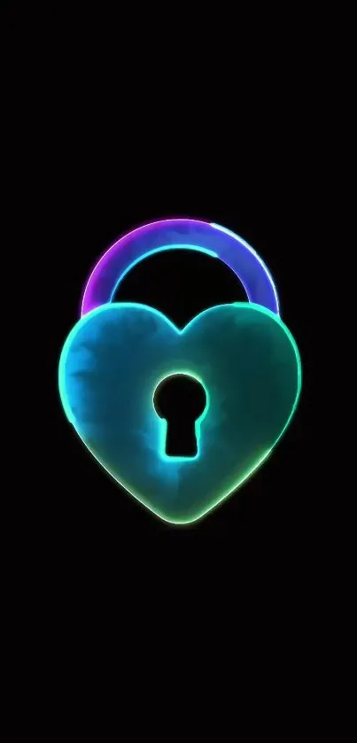 Neon heart-shaped lock on a black background