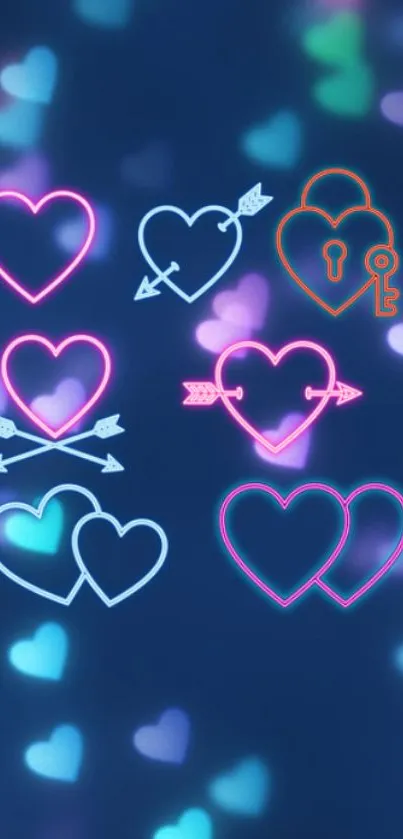 Neon heart locks with arrows in vibrant blue and pink on a dark backdrop.