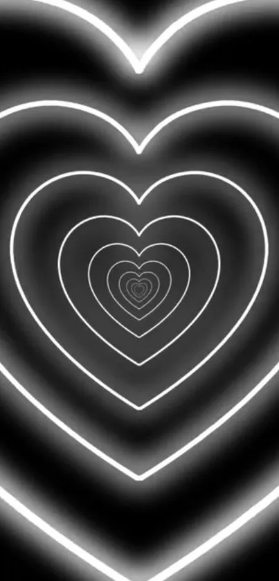 Neon heart loop wallpaper with glowing outlines against a dark background.