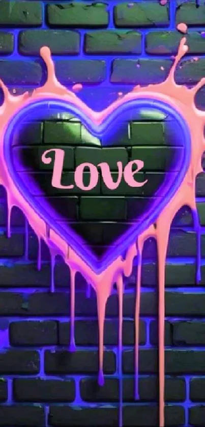 Neon heart with Love text on a brick wall with dripping paint.