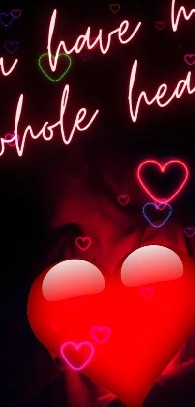 Neon heart wallpaper with love quote.