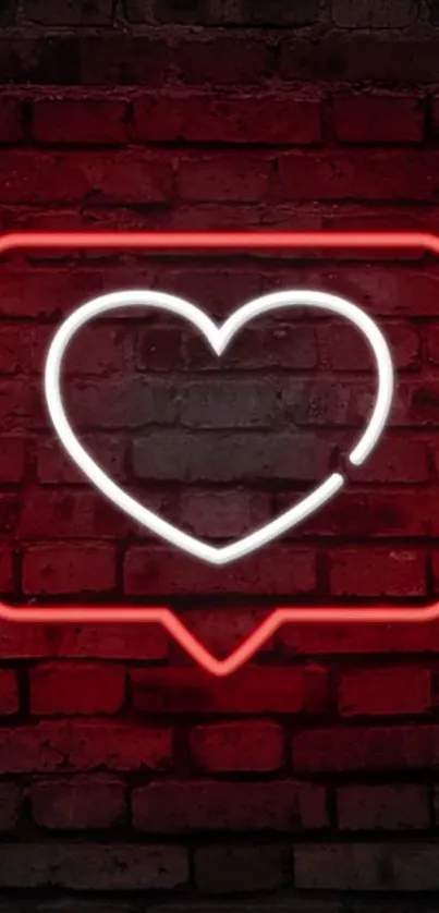 Neon heart glowing against brick wall in vivid red hue.