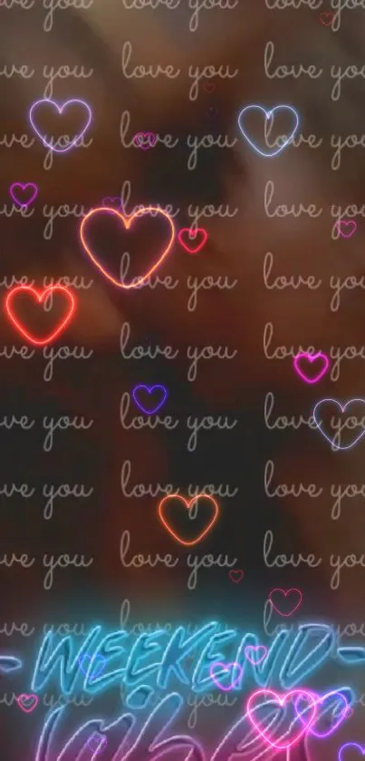 Vibrant neon heart and love text wallpaper for smartphones.