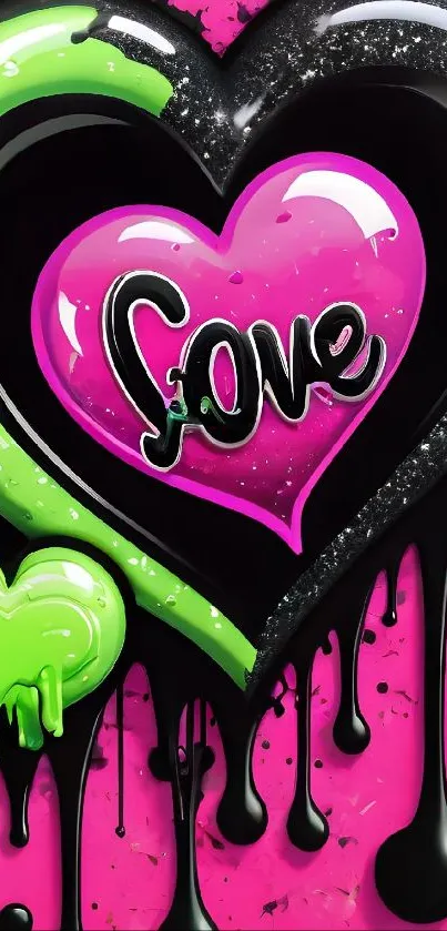 Vibrant pink and black heart design wallpaper with neon accents.