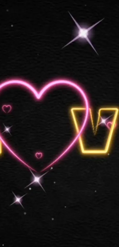 Vibrant neon wallpaper with heart design and glowing stars.