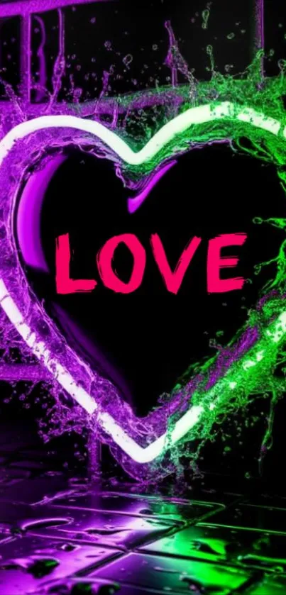 Neon heart with love text in vibrant colors.
