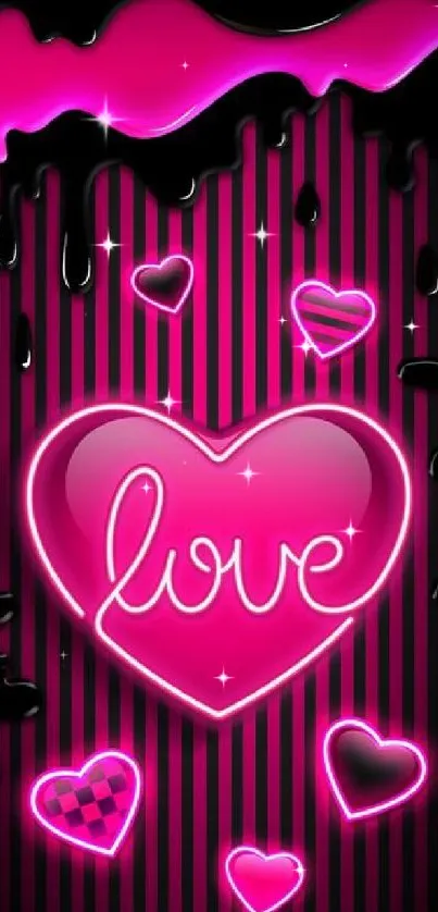 Neon heart love design with stripes and vibrant pink color.