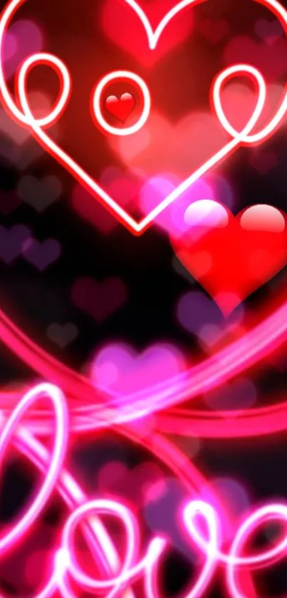 Vibrant neon heart wallpaper with love theme in red and pink hues.