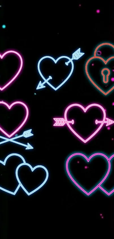 Neon hearts glowing on a dark background wallpaper.