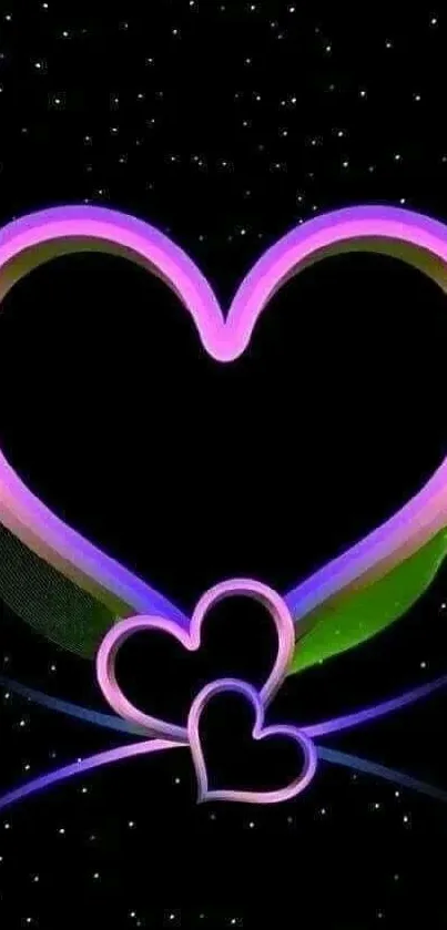 Neon heart design mobile wallpaper with a vibrant and colorful glow.