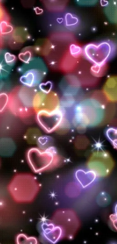 Glowing neon hearts with cosmic backdrop.