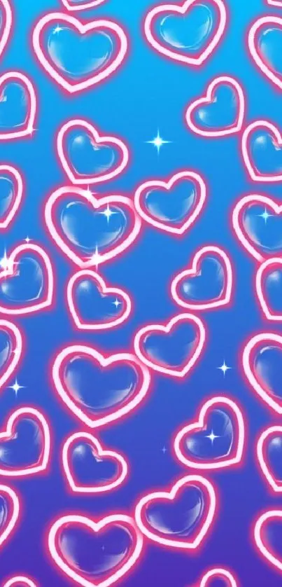 Vibrant neon heart wallpaper with blue and pink gradient.