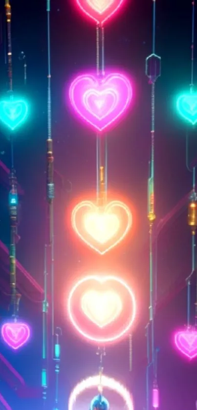 Vibrant neon heart shapes glowing on a mobile wallpaper background.