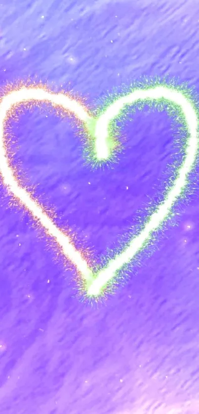 Vibrant neon heart against a purple background, perfect for mobile wallpapers.