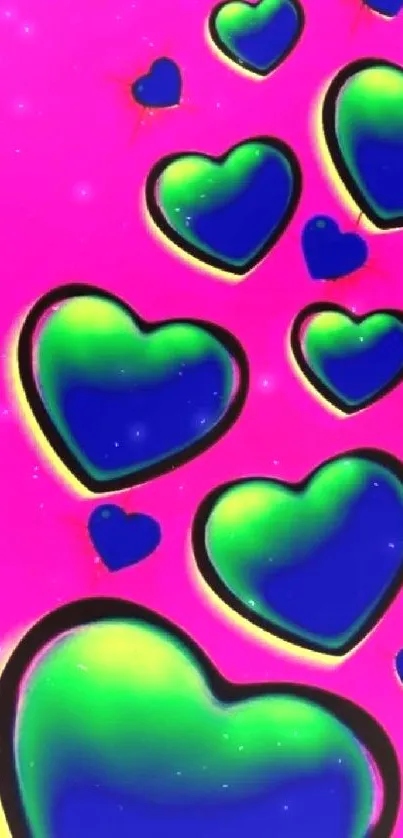 Neon hearts pattern on a vibrant pink background.