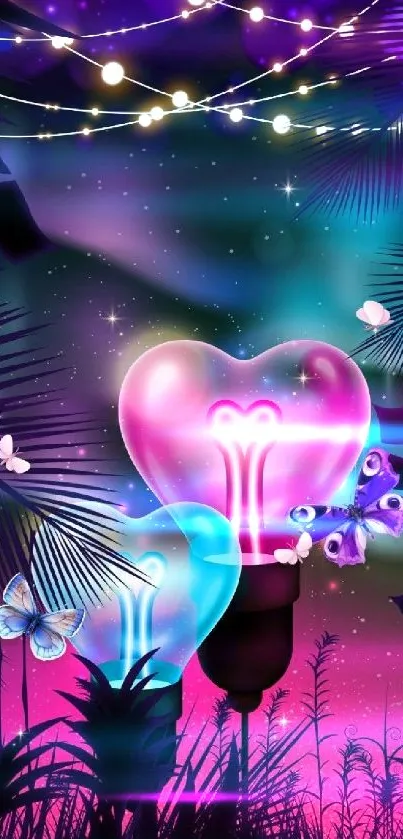 Neon heart bulbs with butterflies and tropical leaves in vibrant colors.