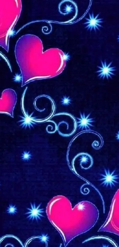 Neon pink hearts and blue stars wallpaper design.