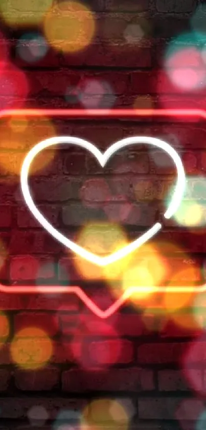 Neon heart with bokeh lights on a rustic brick wall backdrop.