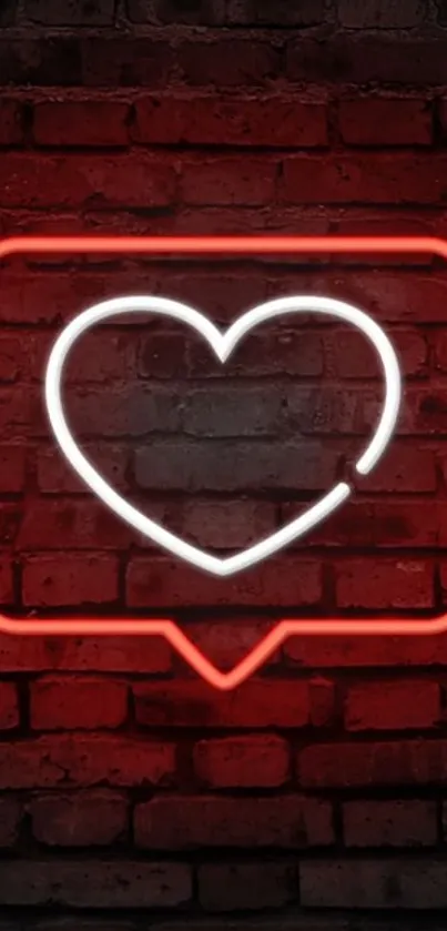 Neon heart with red glow on a rustic brick wall.