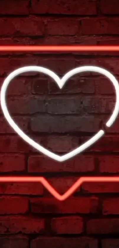 Neon heart glowing on a red brick wall background.