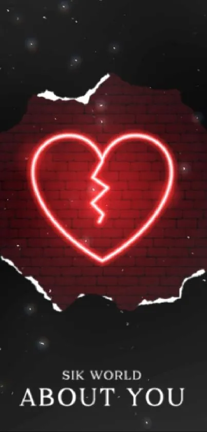 Mobile wallpaper with neon heart on dark brick backdrop.