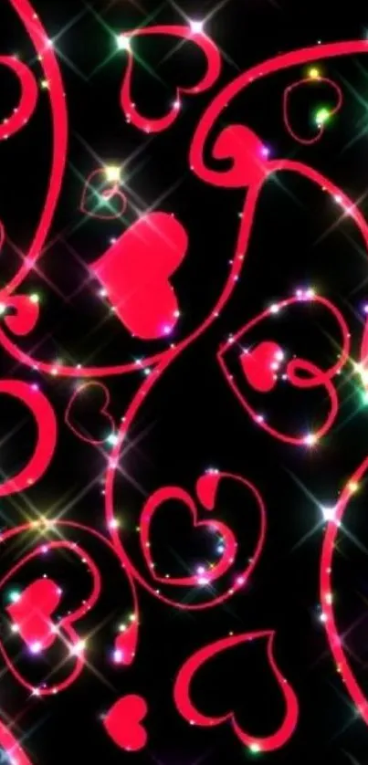 Vibrant neon heart pattern on a black background wallpaper.