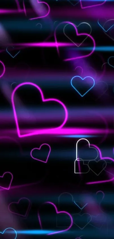 Neon hearts glowing on dark background wallpaper