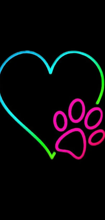 Neon heart and paw print on black background wallpaper.