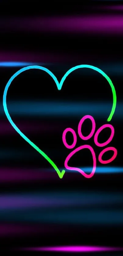 Neon outline heart with pink paw print on a black background.