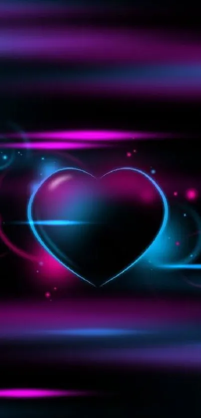 Neon heart glowing in blue and pink hues on a black background.