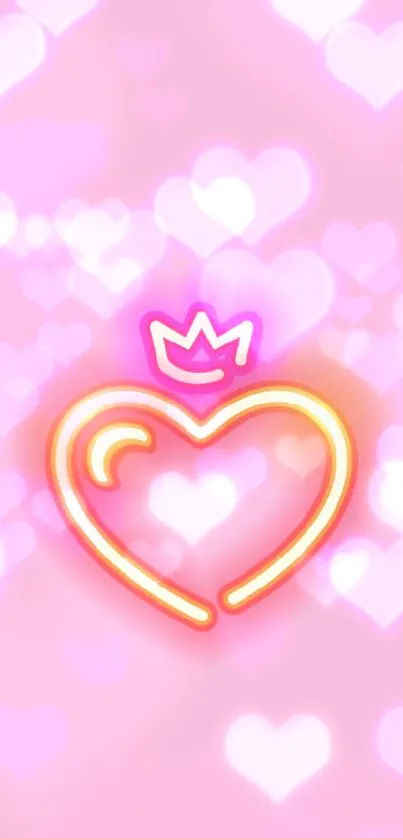 Neon heart and crown on pink background wallpaper.