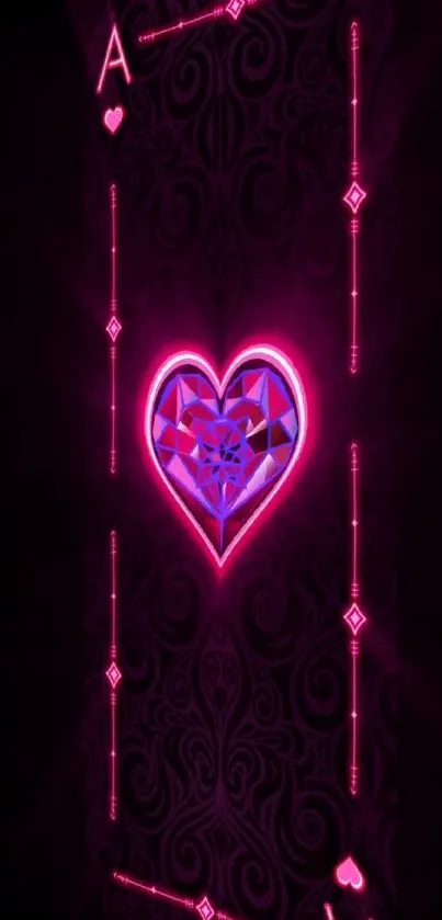 Neon heart design on playing card-themed wallpaper.