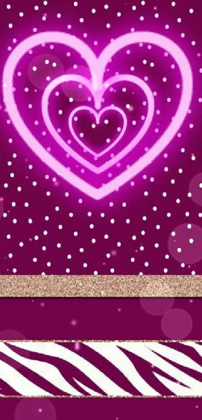 Mobile wallpaper featuring neon hearts and polka dots on a maroon background.