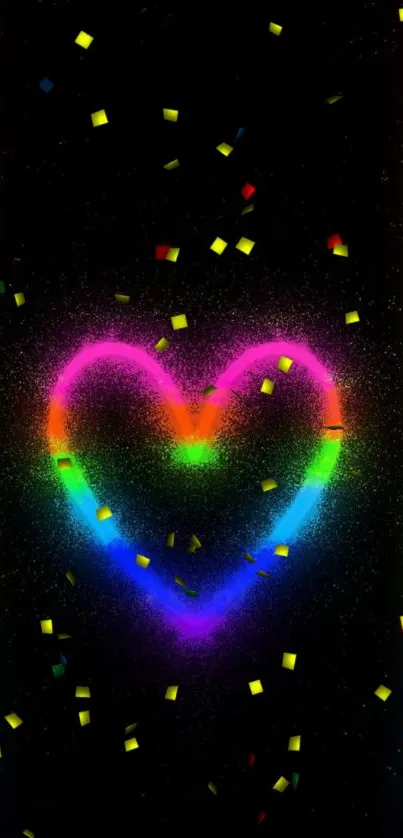 Neon rainbow heart on a black phone wallpaper.