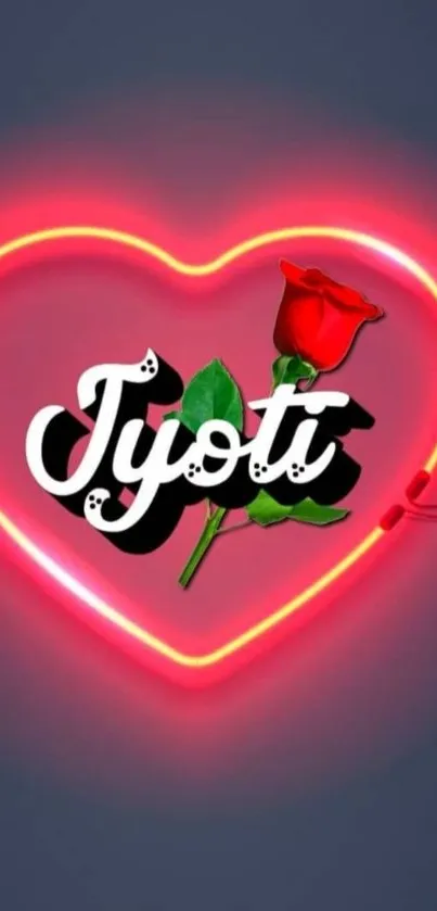 Neon heart with red rose and text in center.