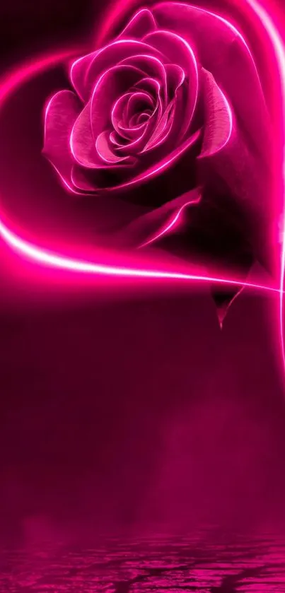 Neon heart-shaped rose over pink water.