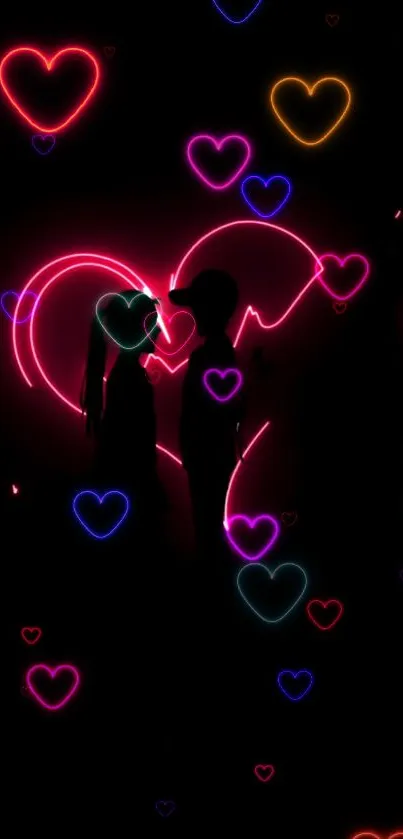 Romantic neon silhouette with glowing hearts.