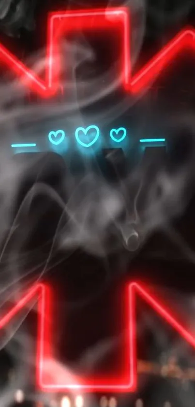 Neon heart design with smoke effect in black background.