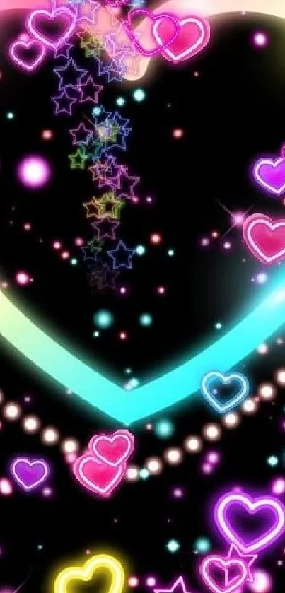 Neon hearts and stars with glowing effects on a black background.