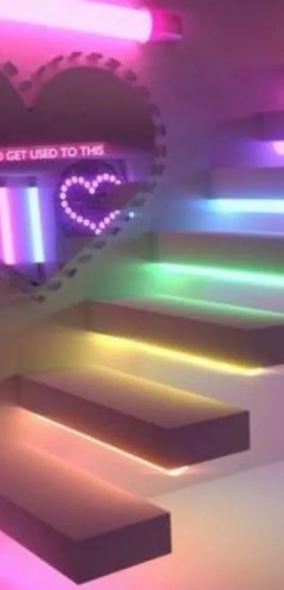 Neon heart and colorful floating stairs wallpaper.